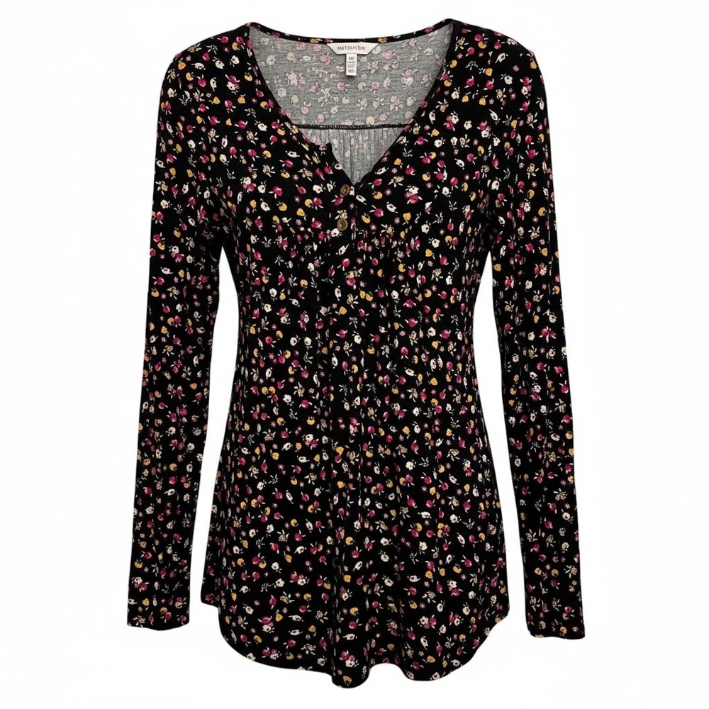 Aodemo Womens Black Floral Long Sleeve V Neck‎ Button Front Tunic Top Size M